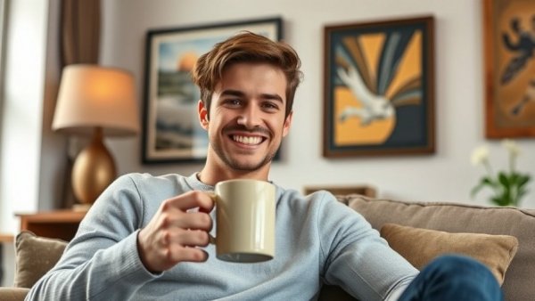 Amused young man relaxing indoors, holding a mug, casual setting.