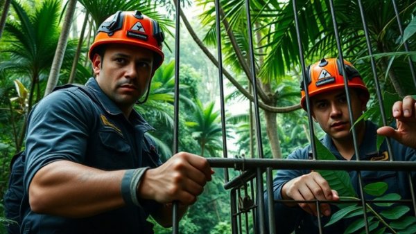Rescue team unlocking cage in dense rainforest.