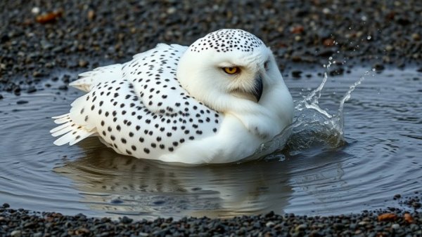 Snowy owl bathing in a puddle at Audubon Photography Awards 2025
