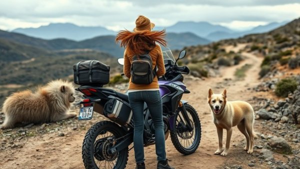 Adventurous woman traveling with dog beside motorcycle in nature.