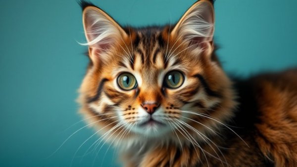 Fluffy tabby cat with alert expression, teal background.