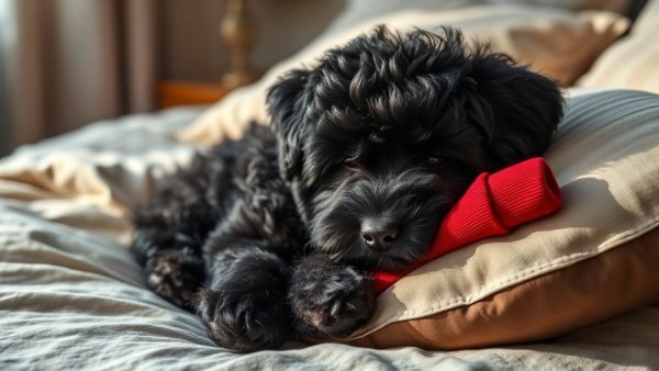 Dog lover lifestyle: Fluffy black dog relaxing with red sock.