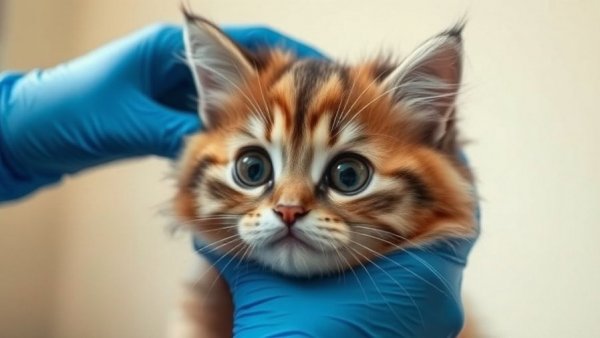 Fluffy cat gently examined by gloved hands, Pet Advisory Council.