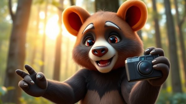 Cartoon bear cub taking a selfie in a vibrant forest setting.