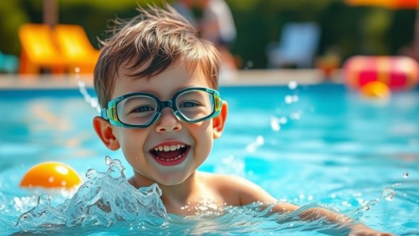 Child with goggles enjoying summer playtime in a pool, vibrant and playful.