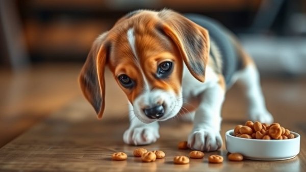 Curious beagle puppy eagerly reaching for human-grade dog food.