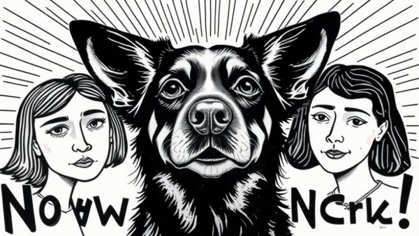 Artistic dog collage with abstract faces and text in monochrome style.