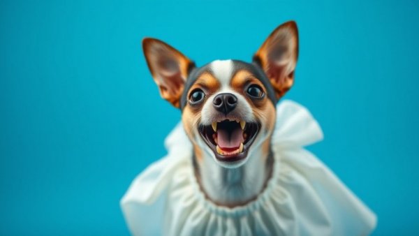 Chihuahua displaying aggression in a blue setting.