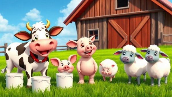 Cartoon farm animals with cows, pigs, sheep, and milk buckets near a barn.