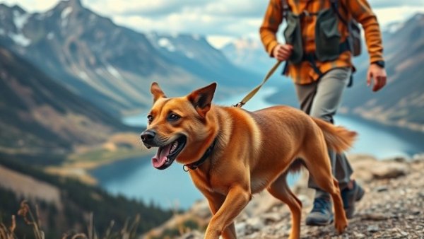Pet friendly travel with dog by scenic mountain lake.
