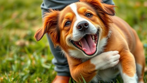 Funny animal moments: playful dog hugging a leg on grass.