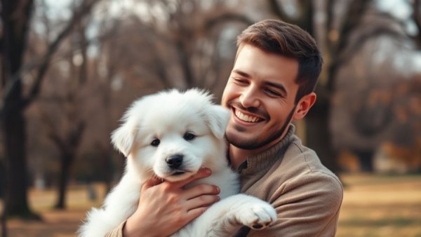 Young man holding a puppy in a park, travel with dog.