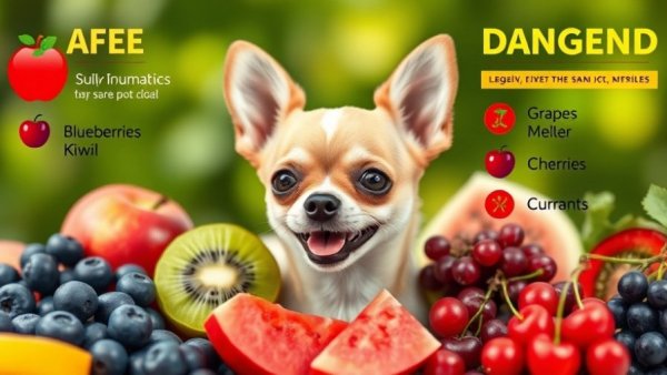 Chihuahua with fruits infographic on safe and dangerous fruits.