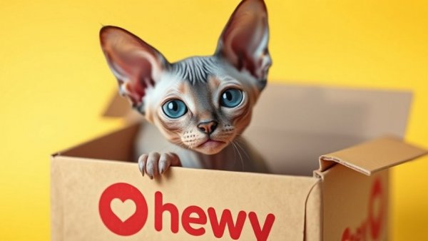 Curious Sphynx cat in Chewy box, highlighting brand.