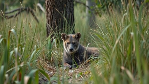 Camouflaged animal resting in dense forest captured by trail camera.