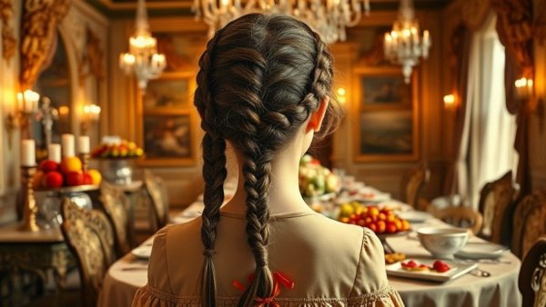 Ornate dining table with desserts seen from behind a girl with braided hair.