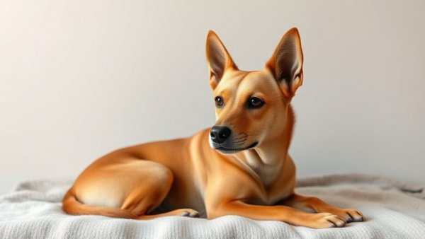 Calm tan dog, used to be aggressive, now attentive indoors.