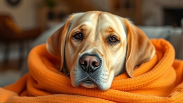 Labrador wrapped in a blanket showing calmness, anxiety in popular dog breeds.