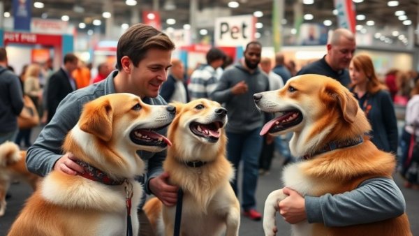 Pet friendly travel at a lively dog expo with attendees.