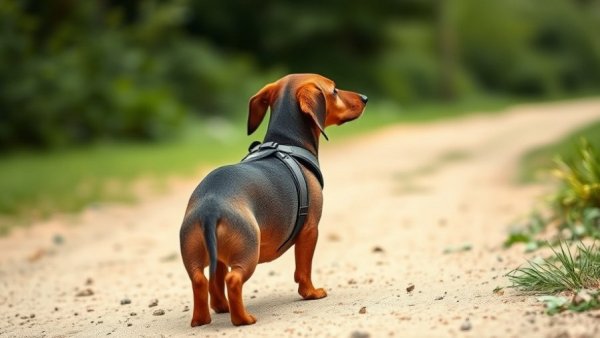 Short-haired dachshund wearing a harness on a sandy path.