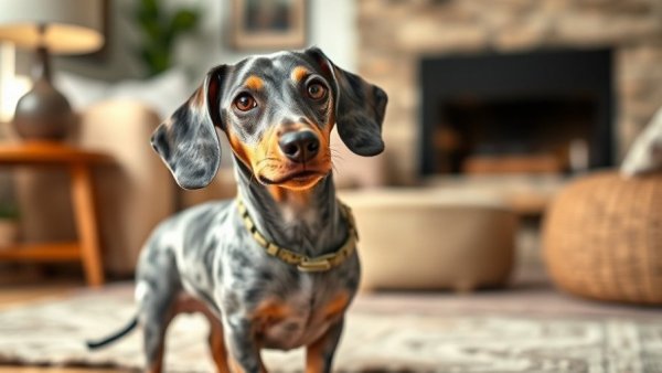 Dachshund wearing a belly band indoors, exploring a living room.