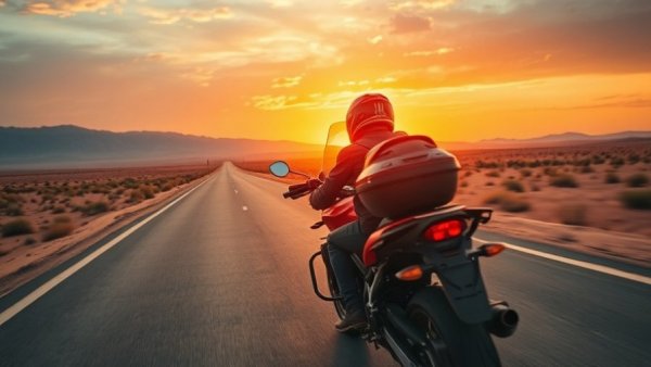 Motorcyclist riding at sunset, travel with dog inspiration.