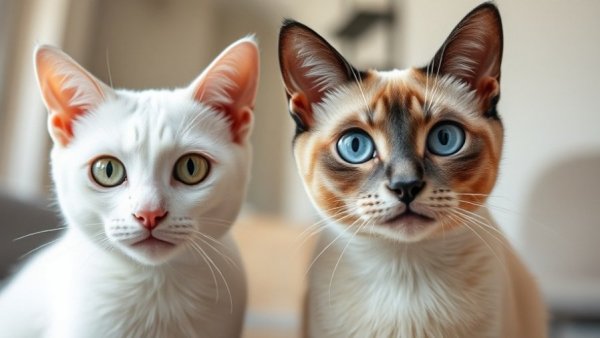 Noisy cat breeds include white and Siamese cats indoors.