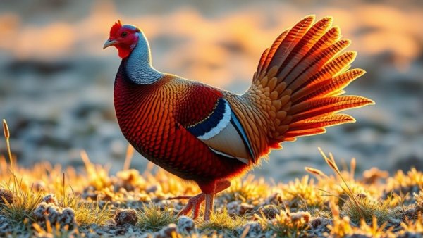 Grassland bird displaying vibrant plumage at sunrise.