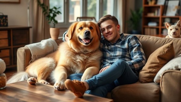 Cozy living room with a relaxed fluffy dog and a person on a couch, travel with dog.