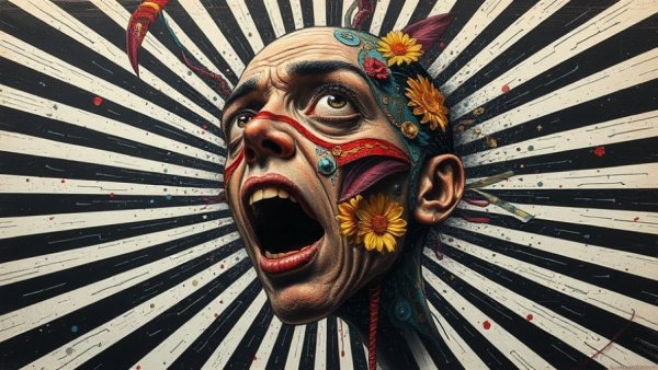 Surreal mixed media art with distorted face on striped background.