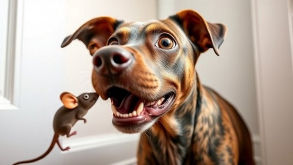 Funny dog surprised by toy mouse, playful reaction indoors.