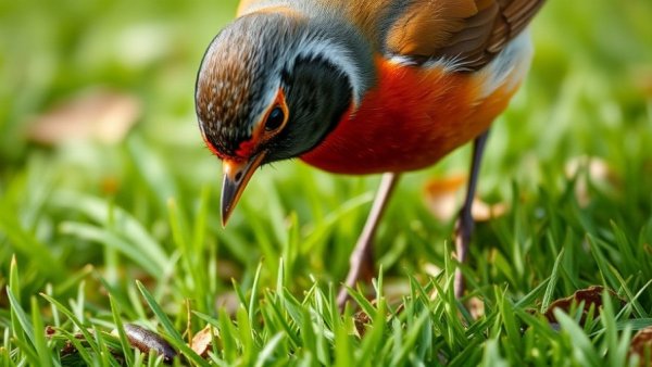 American robin searches for worms on a green lawn.