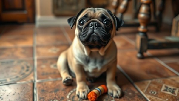 Cute pug on tile floor looking up expectantly.