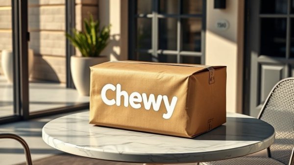 Chewy delivery package on marble table, emphasizing e-commerce.