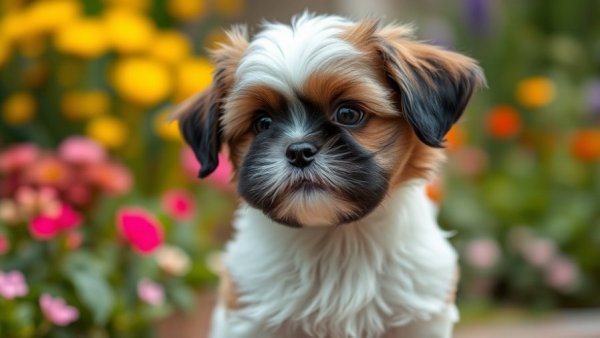 Adorable Shih Tzu puppy looking curious outdoors.