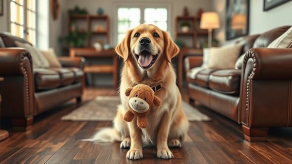 Golden retriever in cozy living room, enjoying plush toy - travel with dog.