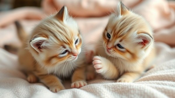 Cute kittens playfully interacting on a pastel blanket.