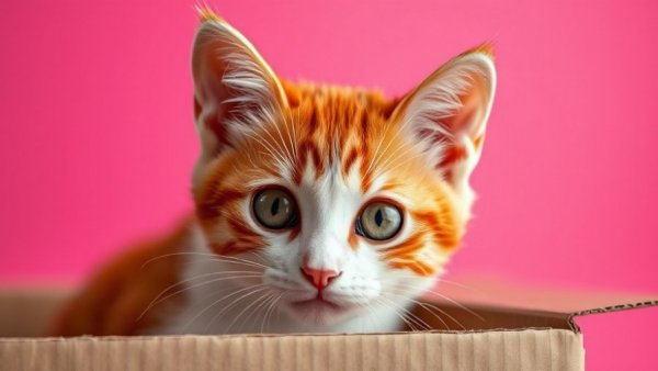 Orange and white cat peeking from box, vibrant pink backdrop.