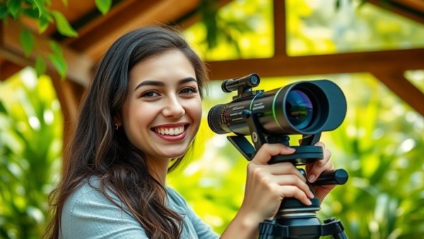 Young woman with telescope promoting Salton Sea conservation efforts.