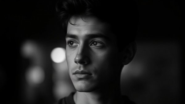 Young man in monochrome portrait with thoughtful expression.
