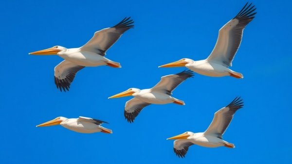 White pelicans soaring in blue sky, Mitchell Lake Audubon Center.