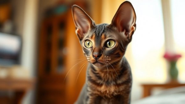 Devon Rex cat sitting attentively, indoor setting.