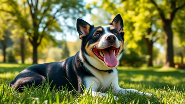 Dog panting happily in a sunny green park.