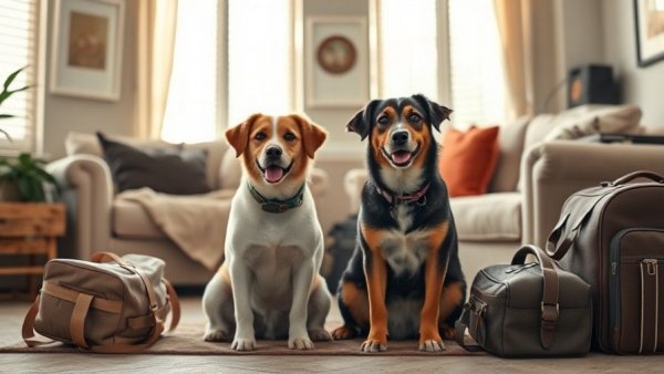Pet friendly travel scene with two dogs and luggage in comfy living room.