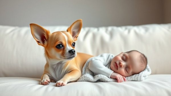Chihuahua watching over a newborn baby on a sofa.