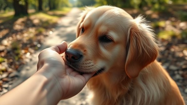 Golden retriever nuzzling a hand outdoors, exploring why dogs nuzzle.