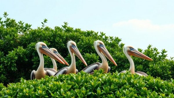 Brown pelicans resting amidst leaves, Gulf Birds Recovery scene