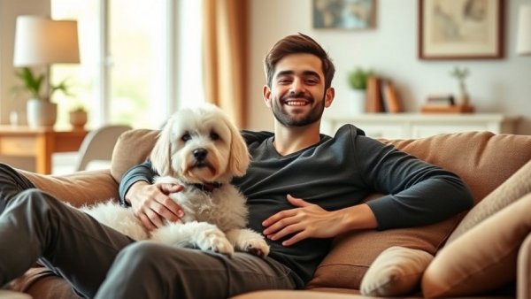 Young man and fluffy dog enjoying time together indoors.