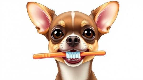 Cartoon Chihuahua with toothbrush for dental care.