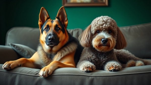Best Dog Breeds lounging on a couch, German Shepherd and Poodle.